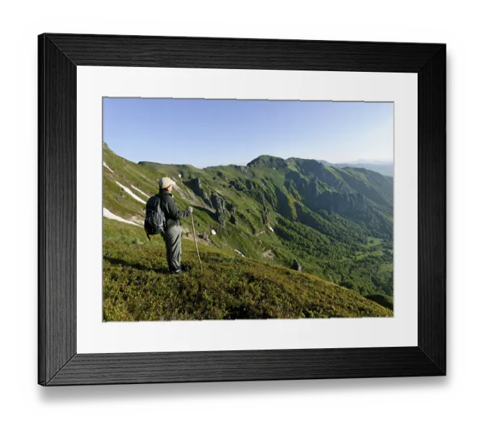 Framed Print : Hiker in the Massif du Sancy, Chaudefour valley Framed Print : Hiker in the Massif du Sancy, Chaudefour valley