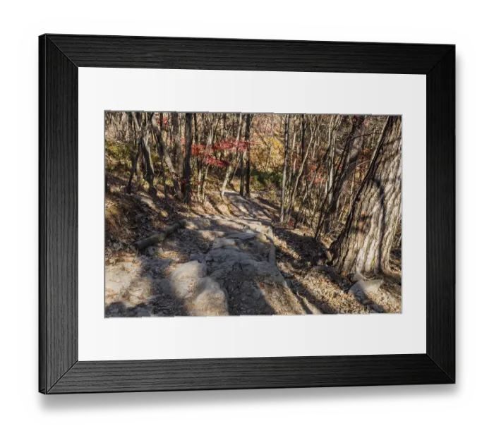 Framed Print : Autumn landscape of rocky trail through trees down mountainside in South Korea