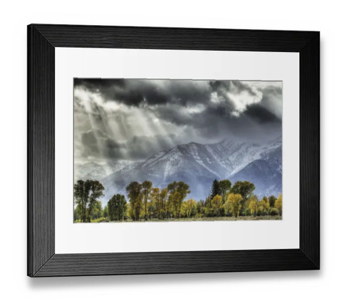 Framed Print : Mountain range, View of mountain range and trees in autumn colour Framed Print : Mountain range, View of mountain range and trees in autumn colour