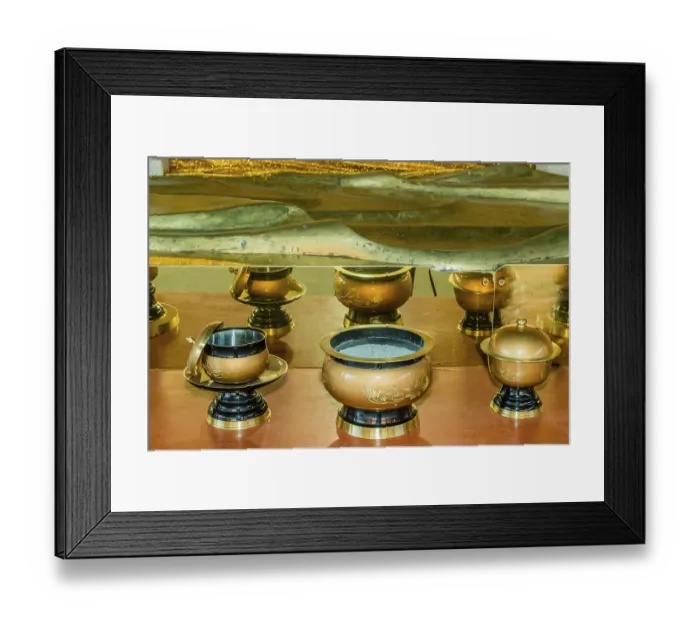 Framed Print : Ceremonial incense bowls in front of mirror under reclining Buddha statue at Manbolsa Temple in Yeongcheon Framed Print : Ceremonial incense bowls in front of mirror under reclining Buddha statue at Manbolsa Temple in Yeongcheon