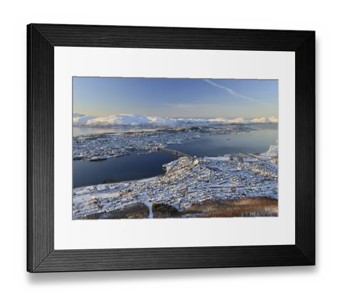 Framed Print : Snowy town with bridge, islands in the North Sea