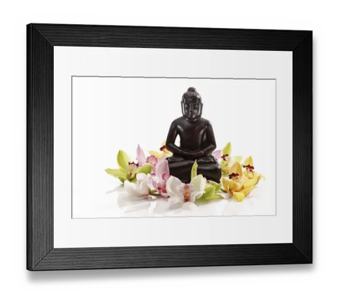 Framed Print : Multicoloured orchid blossoms (Orchidaceae) in front of a black Buddha statue