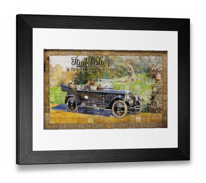 Framed Print : Old advertisement for a car on ornate ceramic tiles