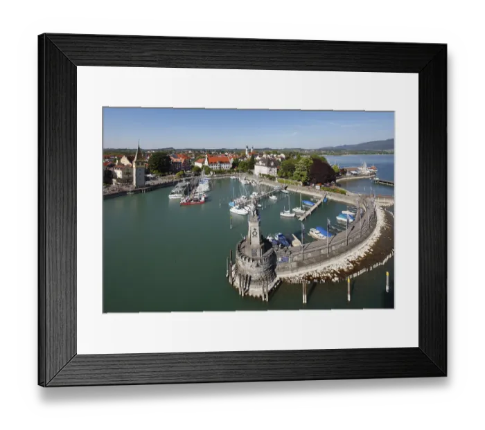 Framed Print : View from the lighthouse across the harbour with the Bavarian Lion