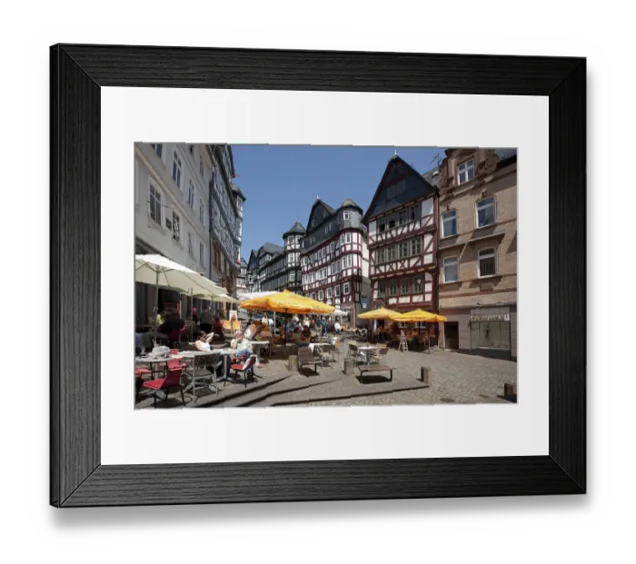 Framed Print : Marketplace with restaurants, historic district of Marburg