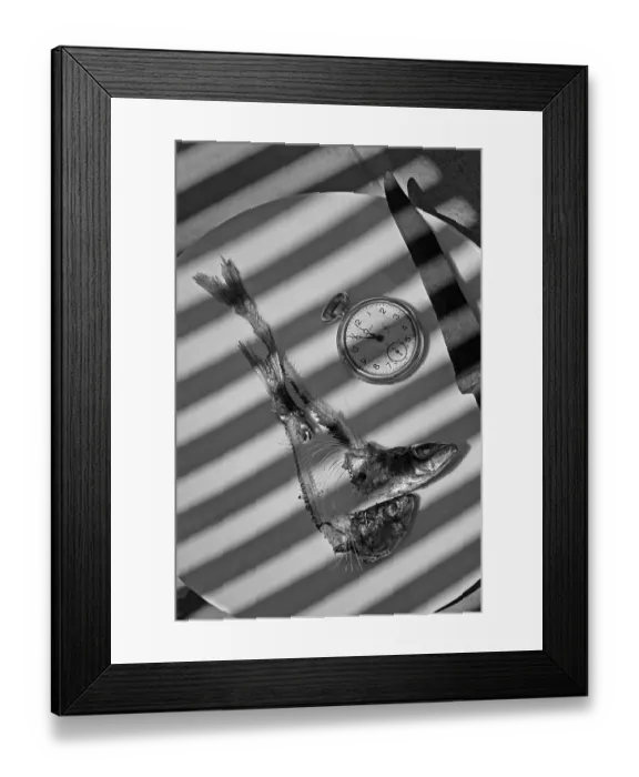 Framed Print : Five to Twelve, Fish Heads with Bones on Plate with Clock Framed Print : Five to Twelve, Fish Heads with Bones on Plate with Clock