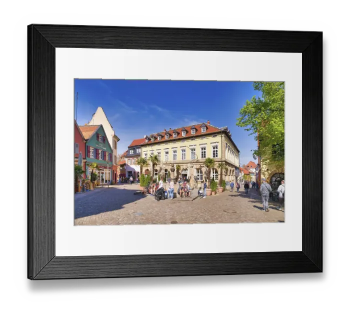 Framed Print : Bad Duerkheim, Germany, April 2021: Town square called roemerplatz in historic city center of spa town on sunny day Framed Print : Bad Duerkheim, Germany, April 2021: Town square called roemerplatz in historic city center of spa town on sunny day