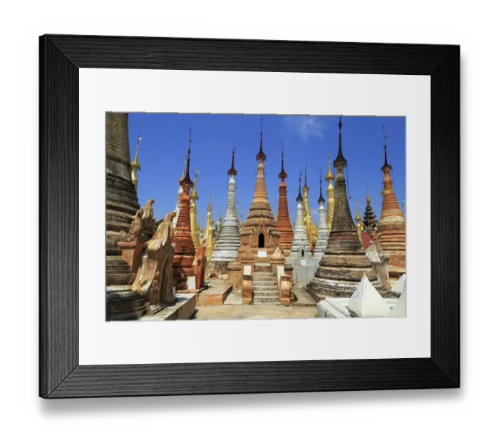 Framed Print : Shwe Inn Thein Stupas on Inle Lake in Myanmar