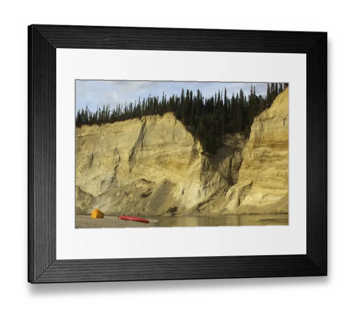 Framed Print : Camp, tent and canoe on a gravel bar