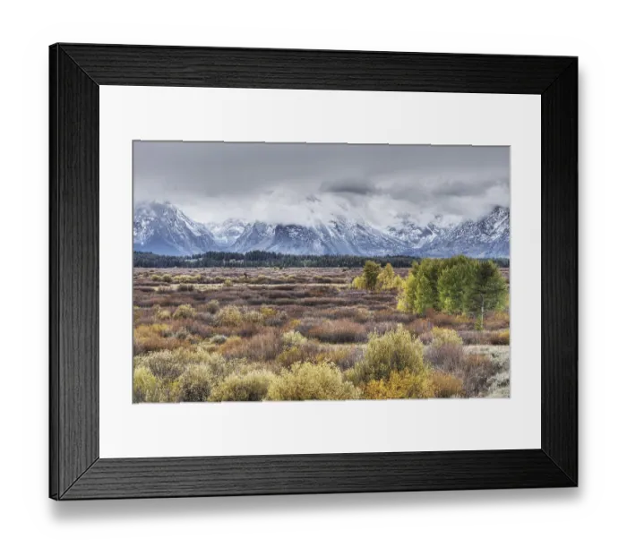 Framed Print : Mountain range, View of mountain range and trees in autumn colour Framed Print : Mountain range, View of mountain range and trees in autumn colour