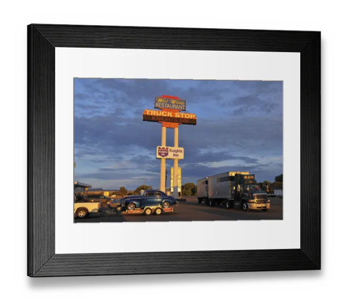 Framed Print : Truck stop with truck and classic car Framed Print : Truck stop with truck and classic car