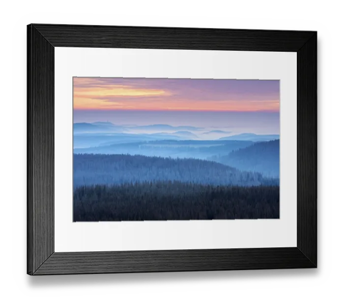 Framed Print : View over hilly landscape with valley fog at sunset Framed Print : View over hilly landscape with valley fog at sunset