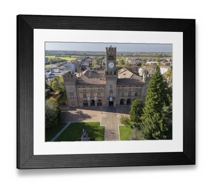 Framed Print : Busseto, Parma, Italy November 3rd 2024 Aerial view of palazzo orlandi torre