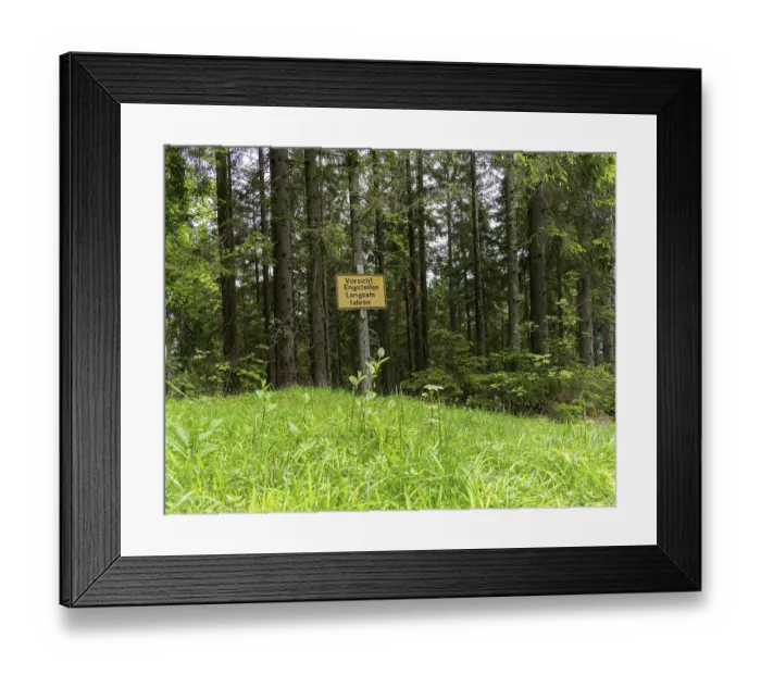 Framed Print : Yellow sign in the forest, ski area at the Goetschen Alm