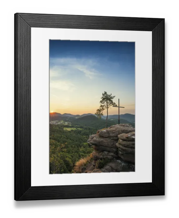 Framed Print : Sandstone rock with pine tree and summit cross