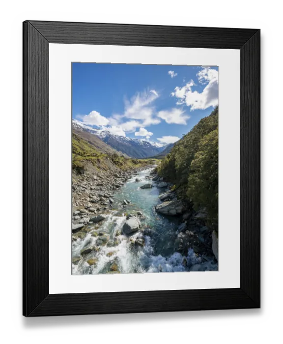 Framed Print : Rob Roy Stream and snow covered mountains