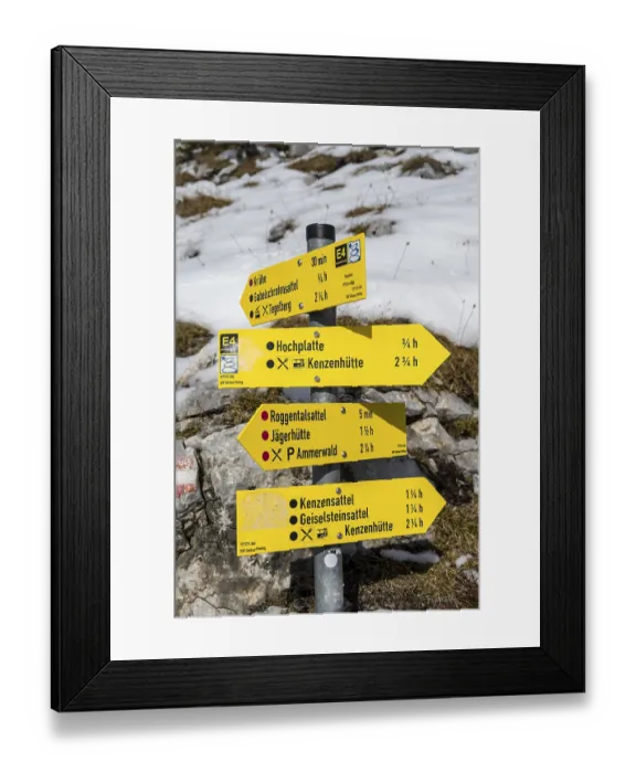Framed Print : Hiking signpost in winter, path to Ammergauer Hochplatte