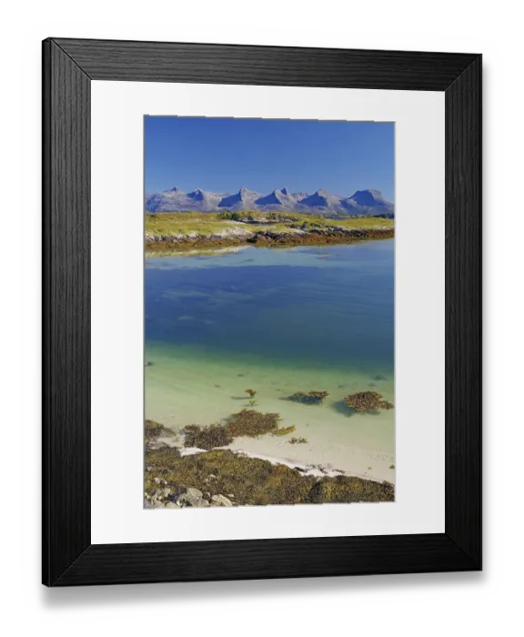 Framed Print : A calm, clear fjord with seaweed
