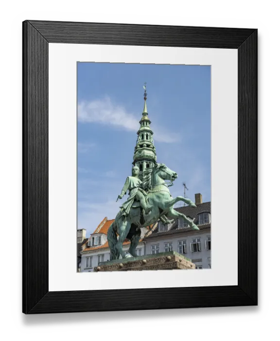 Framed Print : Equestrian statue of Absalon and the tower of St Nicholas Church on the central square Hojbro Plads in Copenhagen