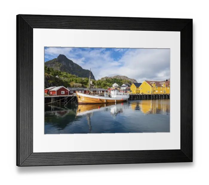 Framed Print : Harbour with fishing boat, Rorbu cabins