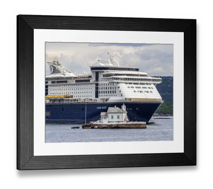 Framed Print : Ferry Color Magic passing lighthouse on island Framed Print : Ferry Color Magic passing lighthouse on island