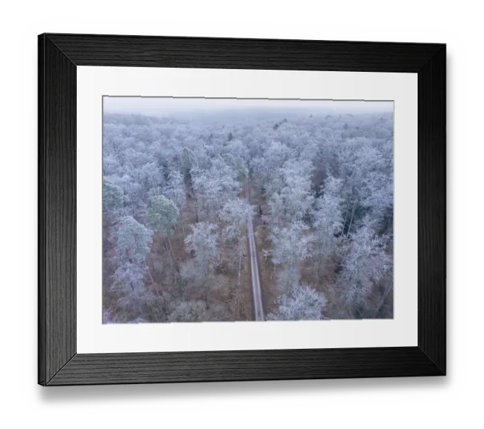 Framed Print : Bird's eye view of a snowy winter forest with a narrow path