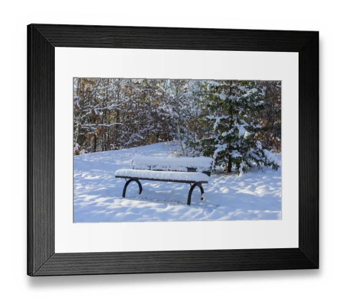 Framed Print : Snow-covered bench in the winter forest