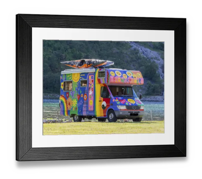 Framed Print : Colorful camper van, campsite Geiranger at the Geirangerfjord Framed Print : Colorful camper van, campsite Geiranger at the Geirangerfjord