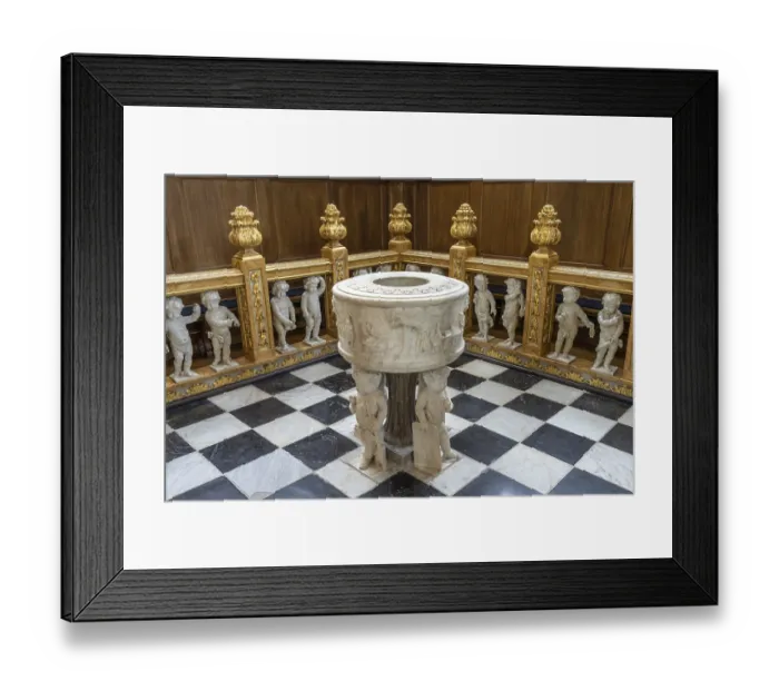 Framed Print : Baptismal font in the interior of the Evangelical Lutheran Church of the Saviour in front of Frelsers Kirke