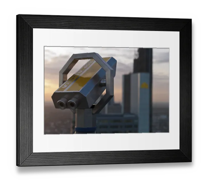 Framed Print : Binoculars in front of Frankfurt's skyline with the Commerzbank building Framed Print : Binoculars in front of Frankfurt's skyline with the Commerzbank building