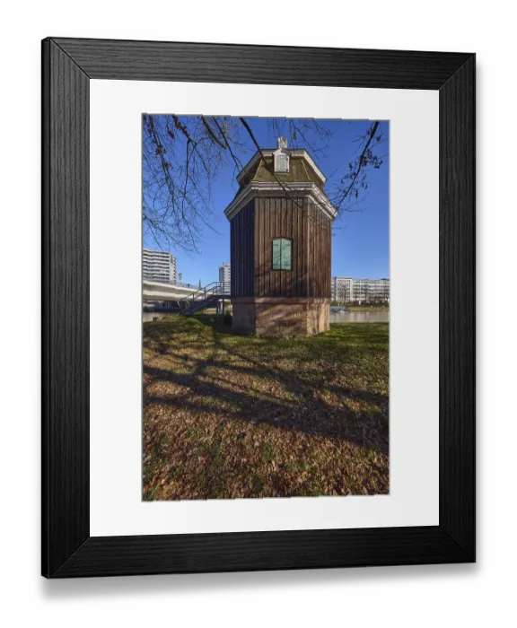Framed Print : Historic crane, river Saar, bare branches Framed Print : Historic crane, river Saar, bare branches
