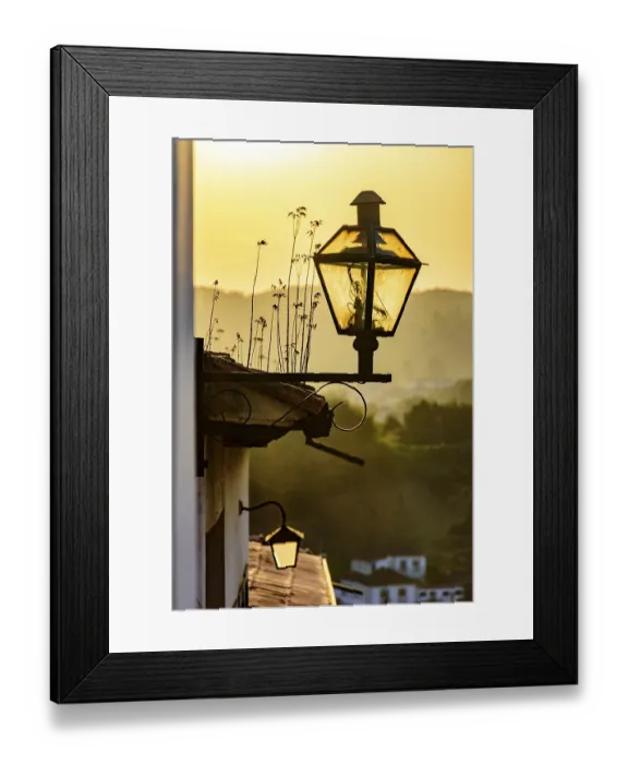 Framed Print : Old street lighting with lantern in colonial style during sunset in the city of Ouro Preto