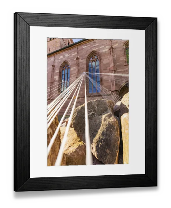 Framed Print : A Gothic church window with ropes in the foreground Framed Print : A Gothic church window with ropes in the foreground