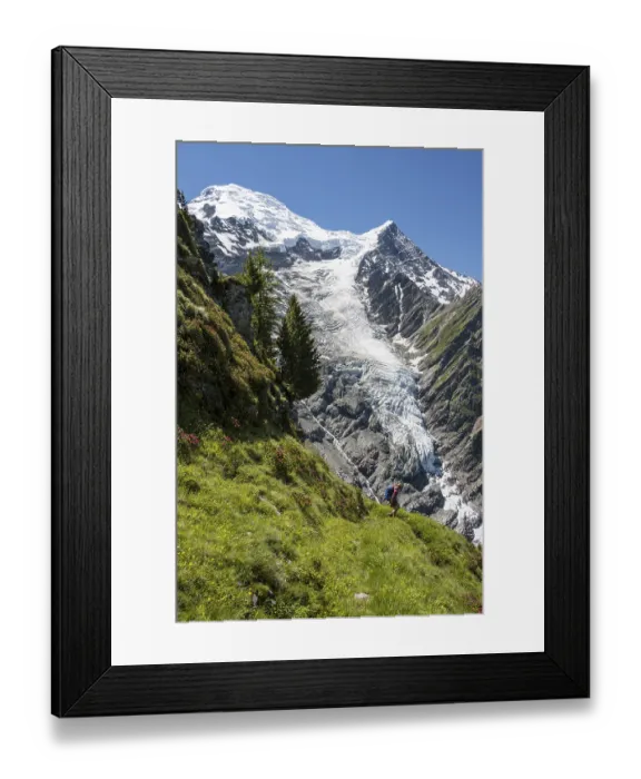 Framed Print : Hiker in front of glacier, hiking trail La Jonction Framed Print : Hiker in front of glacier, hiking trail La Jonction