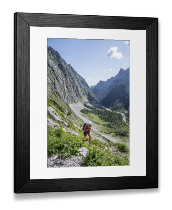Framed Print : Mountaineer on a hiking trail, mountain landscape in the Hoellental Framed Print : Mountaineer on a hiking trail, mountain landscape in the Hoellental