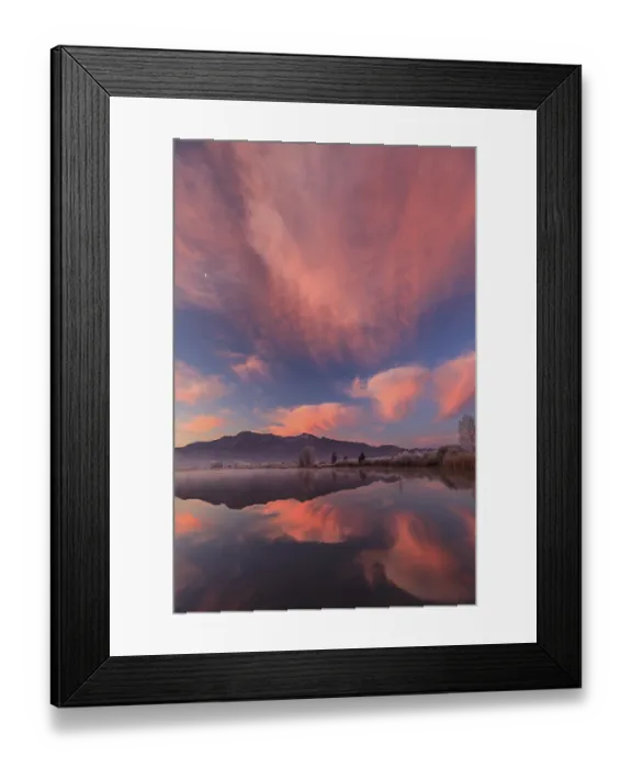 Framed Print : Cloudy mood, dawn, mountains reflected in lake Framed Print : Cloudy mood, dawn, mountains reflected in lake