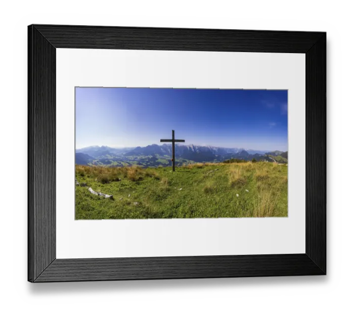 Framed Print : Summit cross on the Einberg with a view of the Lammertal and Tennengebirge mountains
