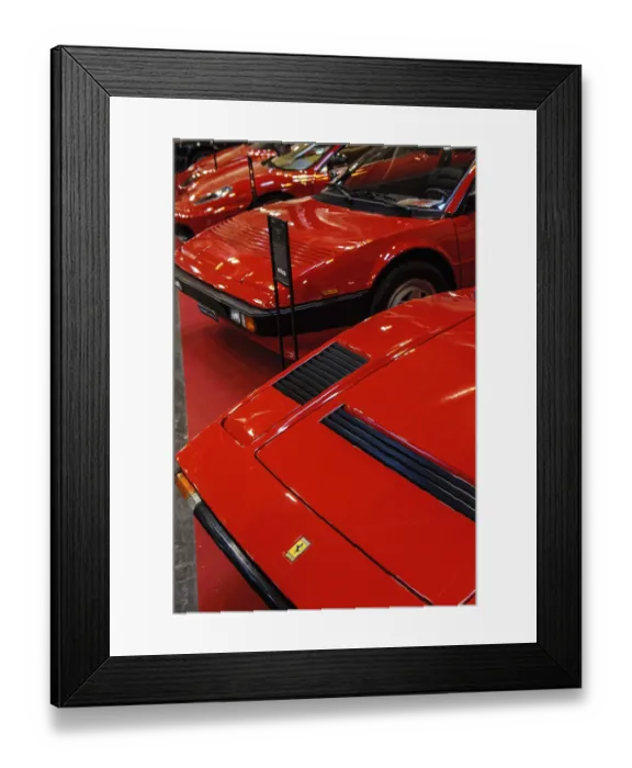 Framed Print : Front front bonnet of classic car red Ferrari 308 behind Ferrari Mondial