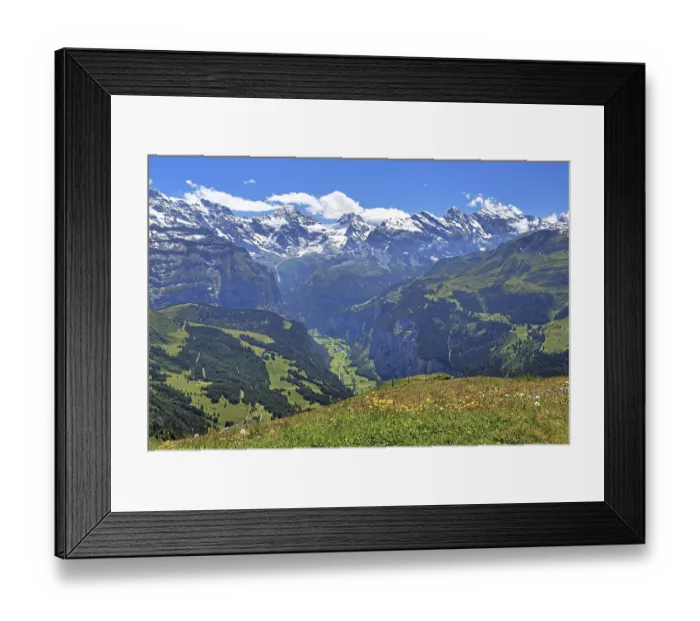 Framed Print : Mountain meadow on the Maennlichen with Lauterbrunnen valley and Breithorn