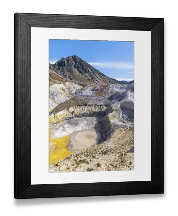 Framed Print : Crater with yellow discoloured sulphur stones and colourful mineral deposits Framed Print : Crater with yellow discoloured sulphur stones and colourful mineral deposits