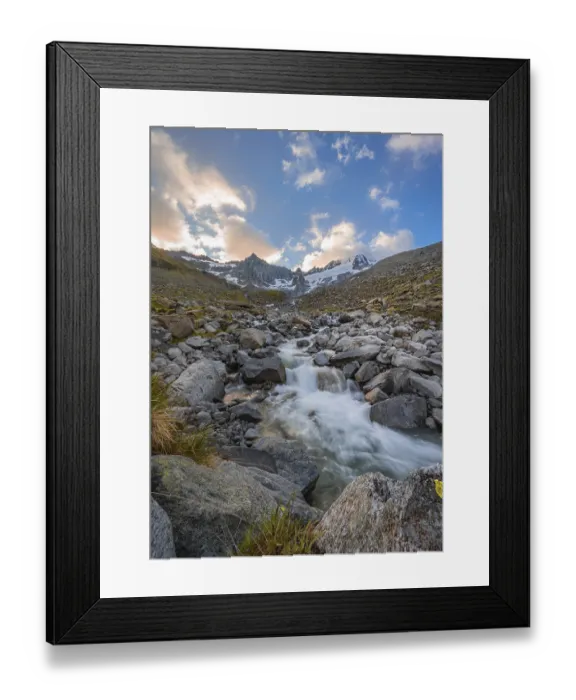Framed Print : Evening mood, Furtschaglbach in front of mountain landscape