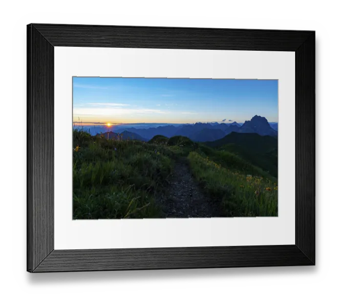 Framed Print : Small mountain path with flower meadow and Allgaeu Alps behind it at sunrise