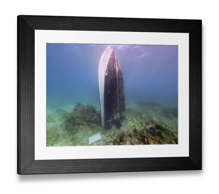 Framed Print : An upright boat underwater, surrounded by sand and coral