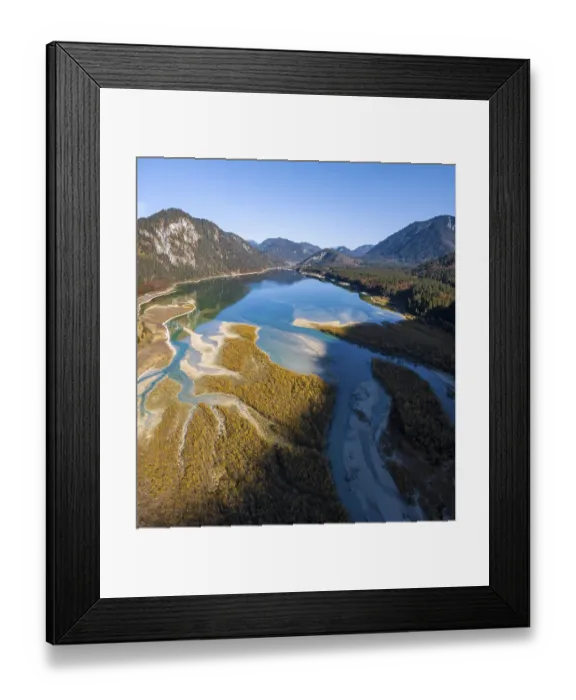 Framed Print : Aerial view, natural riverbed of the upper Isar in front of the Sylvenstein reservoir