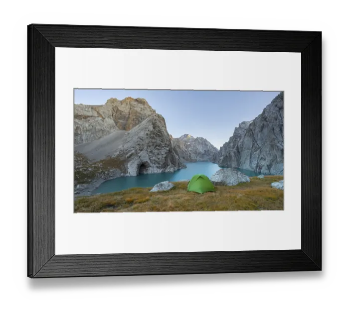 Framed Print : Wild camping, camping in the wilderness with a tent in front of mountain lake Kol Suu Framed Print : Wild camping, camping in the wilderness with a tent in front of mountain lake Kol Suu