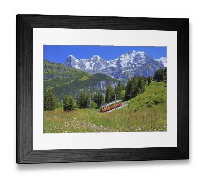 Framed Print : Mountain meadow and Muerren railway with the triumvirate of the Eiger