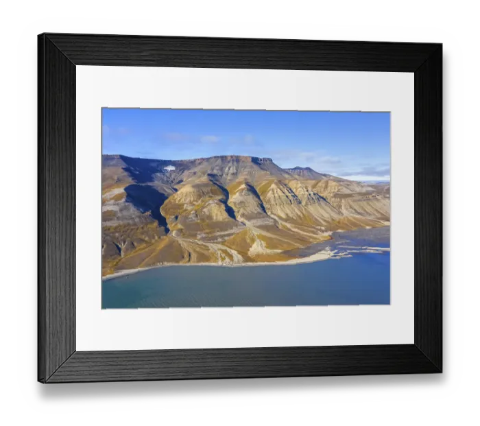Framed Print : Aerial view over the mountains of Skansbukta in the outer Billefjorden