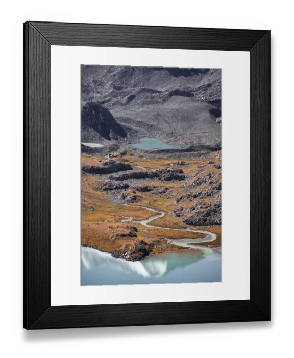 Framed Print : Heart-shaped river and lake, Tien Shan High Mountains