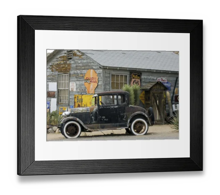 Framed Print : Old Ford vintage car along the Route 66 at the general store of the ghost town Hackberry in Arizona