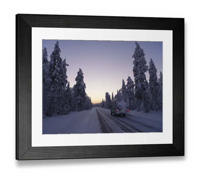 Framed Print : Travelling by motorhome in wintry Lapland at dawn